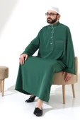 Erkek Hac ve Umre Kıyafeti Hakim Yaka Uzun Dubai Krep Cellabiye Fistan - Yeşil thumbnail 7