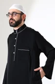 Erkek Hac ve Umre Kıyafeti Hakim Yaka Uzun Dubai Krep Cellabiye Fistan - Siyah thumbnail 6