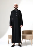 Erkek Hac ve Umre Kıyafeti Hakim Yaka Uzun Dubai Krep Cellabiye Fistan - Siyah thumbnail 4