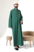 Erkek Hac ve Umre Kıyafeti Hakim Yaka Uzun Dubai Krep Cellabiye Fistan - Yeşil thumbnail 1