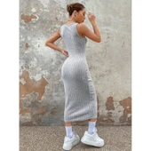 Lucky Life Kadın Kalın Askılı Kare Yaka Fitilli Kaşkorse Midi Boy Elbise thumbnail 5