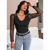 Lucky Life Kadın Uzun Kollu Omuz Inci Kollar Tül Detay Viskon Bluz thumbnail 6