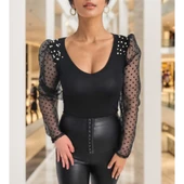 Lucky Life Kadın Uzun Kollu Omuz Inci Kollar Tül Detay Viskon Bluz thumbnail 9