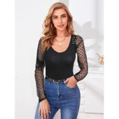 Lucky Life Kadın Uzun Kollu Omuz Inci Kollar Tül Detay Viskon Bluz thumbnail 12