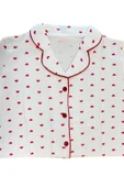 Kadın Beyaz Kırmızı Kalp Desenli %100 Pamuk Fitilli Kumaş Mevsimlik Uzun Kol Cepli Pijama Takımı thumbnail 5