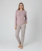 Kadın Viskon Mevsimlik Uzun Kol Cepli Pijama Takımı-Üstü İnce Triko Alt Pijama Dar Kesim Jakar Kumaş thumbnail 9