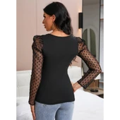 Lucky Life Kadın Uzun Kollu Omuz Inci Kollar Tül Detay Viskon Bluz thumbnail 1
