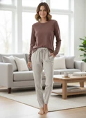Kadın Viskon Mevsimlik Uzun Kol Cepli Pijama Takımı-Üstü İnce Triko Alt Pijama Dar Kesim Jakar Kumaş thumbnail 11