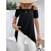 Lucky Life Kadın Kısa Kollu Omuzlardan Açık Askılı Asimetrik Kesim Viskon Bluz thumbnail 4