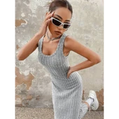 Lucky Life Kadın Kalın Askılı Kare Yaka Fitilli Kaşkorse Midi Boy Elbise thumbnail 4