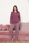 Kadın Etnik Desen 3 Düğme Pamuk Likra Mevsimlik Uzun Kol Pijama Takımı thumbnail 1