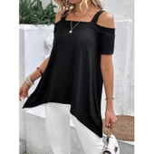 Lucky Life Kadın Kısa Kollu Omuzlardan Açık Askılı Asimetrik Kesim Viskon Bluz thumbnail 5