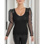 Lucky Life Kadın Uzun Kollu Omuz Inci Kollar Tül Detay Viskon Bluz thumbnail 10