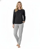 Kadın Viskon Mevsimlik Uzun Kol Cepli Pijama Takımı-Üstü İnce Triko Alt Pijama Dar Kesim Jakar Kumaş thumbnail 5