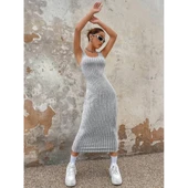 Lucky Life Kadın Kalın Askılı Kare Yaka Fitilli Kaşkorse Midi Boy Elbise thumbnail 2