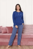 Kadın Etnik Desen 3 Düğme Pamuk Likra Mevsimlik Uzun Kol Pijama Takımı thumbnail 2