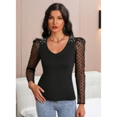 Lucky Life Kadın Uzun Kollu Omuz Inci Kollar Tül Detay Viskon Bluz thumbnail 3