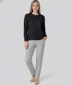 Kadın Viskon Mevsimlik Uzun Kol Cepli Pijama Takımı-Üstü İnce Triko Alt Pijama Dar Kesim Jakar Kumaş thumbnail 7