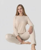 Kadın Viskon Mevsimlik Uzun Kol Cepli Pijama Takımı-Üstü İnce Triko Alt Pijama Dar Kesim Jakar Kumaş thumbnail 8