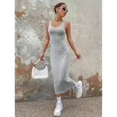 Lucky Life Kadın Kalın Askılı Kare Yaka Fitilli Kaşkorse Midi Boy Elbise thumbnail 6