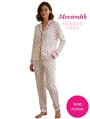 Kadın Beyaz Kırmızı Kalp Desenli %100 Pamuk Fitilli Kumaş Mevsimlik Uzun Kol Cepli Pijama Takımı thumbnail 1