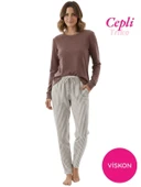 Kadın Viskon Mevsimlik Uzun Kol Cepli Pijama Takımı-Üstü İnce Triko Alt Pijama Dar Kesim Jakar Kumaş thumbnail 1