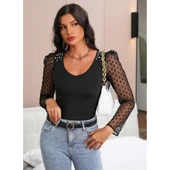 Lucky Life Kadın Uzun Kollu Omuz Inci Kollar Tül Detay Viskon Bluz thumbnail 7
