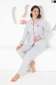 Kadın Beyaz Çizgili %100 Pamuk Kumaş Mevsimlik Uzun Kol Cepli Pijama Takımı thumbnail 1