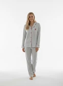 Kadın Beyaz Çizgili %100 Pamuk Kumaş Mevsimlik Uzun Kol Cepli Pijama Takımı thumbnail 12