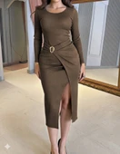 Lucky Life Kadın Uzun Kollu Kruvaze Yaka Yandan Toka Detaylı önden çapraz Detaylı Ottoman Elbise thumbnail 3