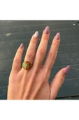 nesdesign Çelik Yuvarlak Plaka Üzerine Göz Dokulu Yeşil Taşlı Zarif Ayarlanabilir Yüzük thumbnail 1