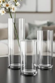 EL İşçiliği Silindir Cam Vazo , Mumluk 3 Lü Set 10 Cm genişlik ,(15-20-25Cm) Uzunluk thumbnail 1
