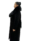 Büyük Beden Gerçek Kürk Yaka Kemerli Kapitone Uzun Kol Oversize Kadın Kaban thumbnail 3