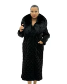 Büyük Beden Gerçek Kürk Yaka Kemerli Kapitone Uzun Kol Oversize Kadın Kaban thumbnail 2