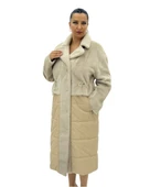 Büyük Beden Kürklü Düğmeli Şişme Uzun Oversize Kadın Kaban thumbnail 1