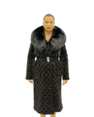 Büyük Beden Gerçek Kürk Yaka Kemerli Kapitone Uzun Kol Oversize Kadın Kaban thumbnail 1