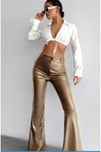 TANE TASARIM Kadın Ispanyol Paça Gold Deri Pantolon 024 thumbnail 1