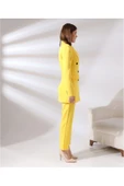 TANE TASARIM Kadın Kruvaze Blazer Ceket Pamuklu Atlak Kumaş Pantolon Sarı Takım Elbise 024 thumbnail 2