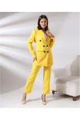 TANE TASARIM Kadın Kruvaze Blazer Ceket Pamuklu Atlak Kumaş Pantolon Sarı Takım Elbise 024 thumbnail 1