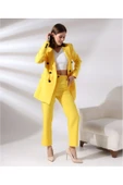 TANE TASARIM Kadın Kruvaze Blazer Ceket Pamuklu Atlak Kumaş Pantolon Sarı Takım Elbise 024 thumbnail 3