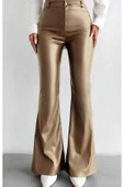 TANE TASARIM Kadın Ispanyol Paça Gold Deri Pantolon 024 thumbnail 2
