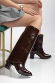 Pabucmarketi Kahverengi Parlak Tak Çıkar Kadın Topuklu Çizme thumbnail 4