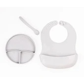 Gri 3’lü Silikon Yemek Seti – Önlük + Diş Kaşıyıcılı Kaşık + Vakumlu Tabak thumbnail 1