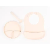 Krem Rengi 3’lü Silikon Yemek Seti – Önlük + Diş Kaşıyıcılı Kaşık + Vakumlu Tabak thumbnail 1