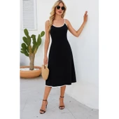 Lucky Life Kadın Ip Askılı Geniş V Yakalı Midi Janjan Krep Elbise thumbnail 1