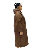 Kapüşonlu Çiçek Fiyonk Detaylı Uzun Kollu Oversize Kadın Uzun Kaban thumbnail 3