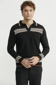 Polo Yaka Kilim Motifli Triko Kazak - Siyah thumbnail 1