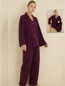 Kadın %100 Pamuk Bürümcük Kumaş Gömlek Yaka Uzun Kol Pijama Takımı-Oversize Salaş Kalıp Geniş Paça thumbnail 6