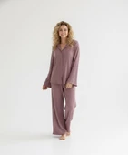 Kadın %100 Pamuk Bürümcük Kumaş Gömlek Yaka Uzun Kol Pijama Takımı-Oversize Salaş Kalıp Geniş Paça thumbnail 7