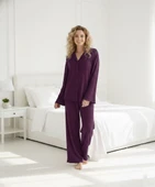 Kadın %100 Pamuk Bürümcük Kumaş Gömlek Yaka Uzun Kol Pijama Takımı-Oversize Salaş Kalıp Geniş Paça thumbnail 3